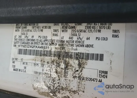 2015 Ford Transit T-150 z USA, uszkodzony, nr VIN 1FTNE1ZM2FKA49331